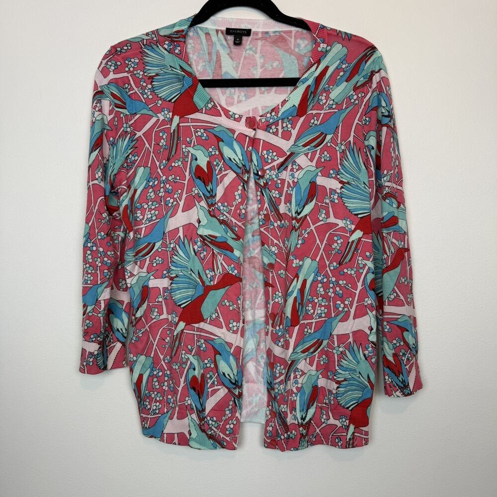 Talbots floral bird print cardigan MD cotton blend summer lightweight office